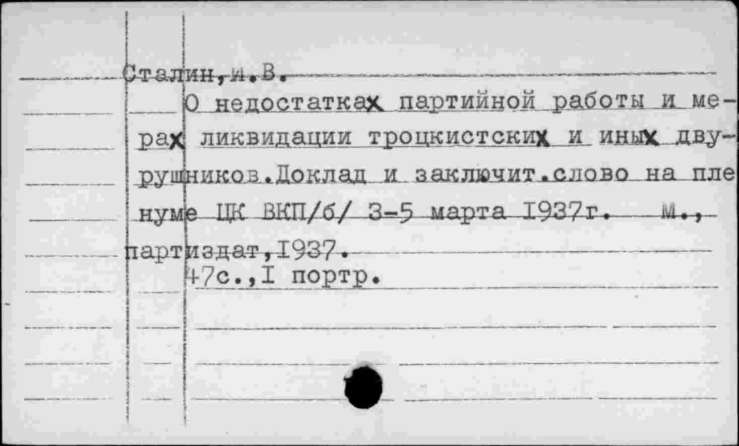 ﻿> Тал И	.г~———--------— —-— — 
0 недостатках, партийной работы „и. ме
м
рах
,руш|нико.ДжДоклад.._и.. заклюяит^слово__на пле нум&._ЦК. -ВКП/4/- 3-5 ..мартди-Х937т.
тарт
ликвидации троцкистских и иных._дву-
издатт1937.— 4-7с» >1 портр